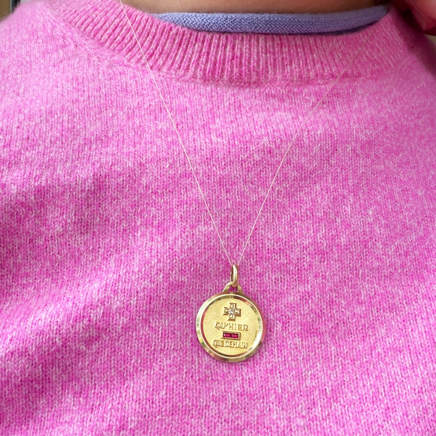 Vintage French 18k Gold "Plus Qu'Hier Moins Que Demain" Love Pendant by A. Augis c.1950s Diamond & Synthetic Ruby