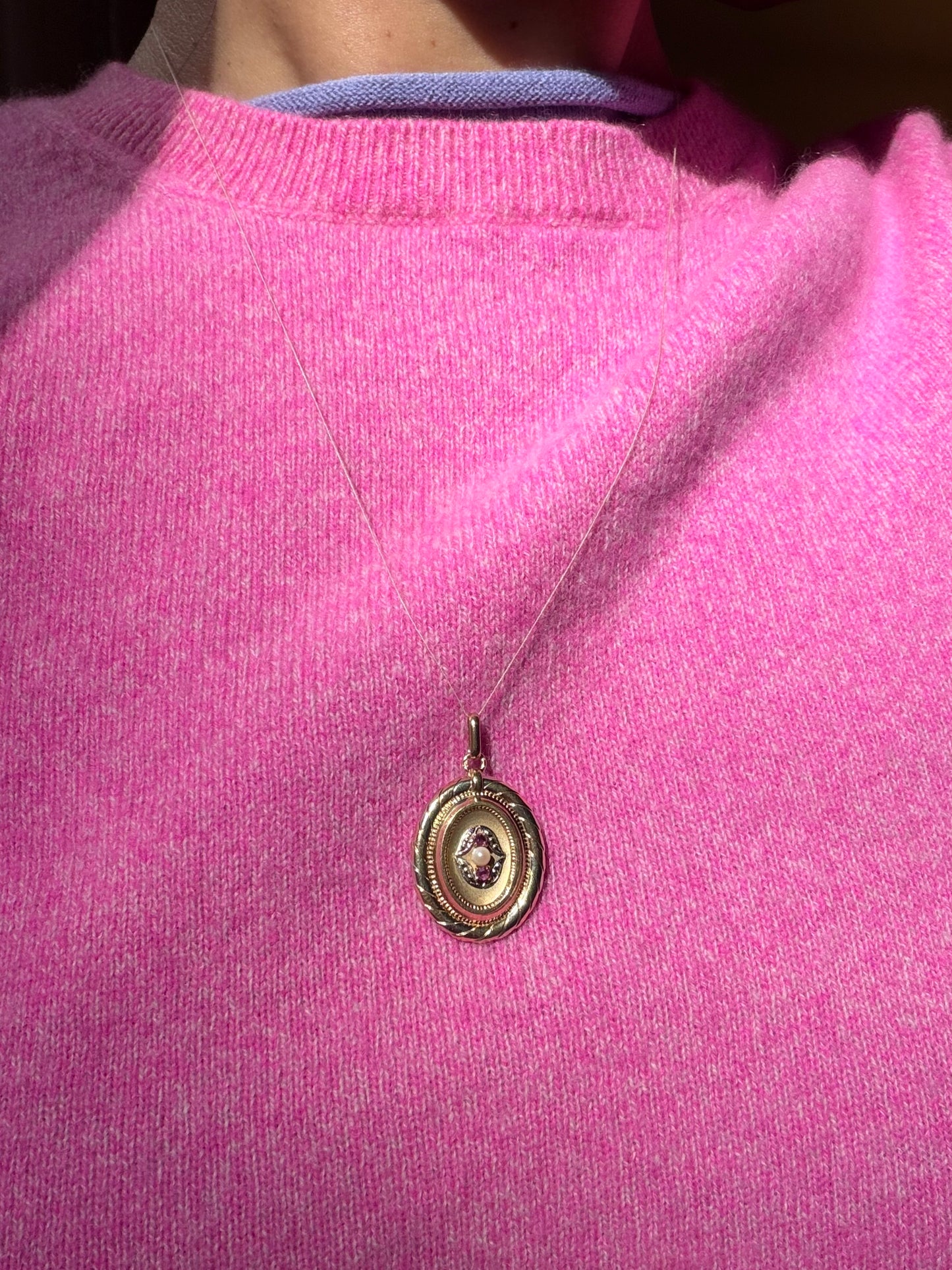 Antique French 18k Tricolour Gold Pendant with Pearl & Ruby, end 19th C. with Eagle Hallmark