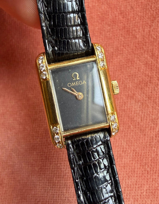 Omega De Ville Tank Mini Lady's Dress Watch 18k yellow gold case with diamond corners tank 18k