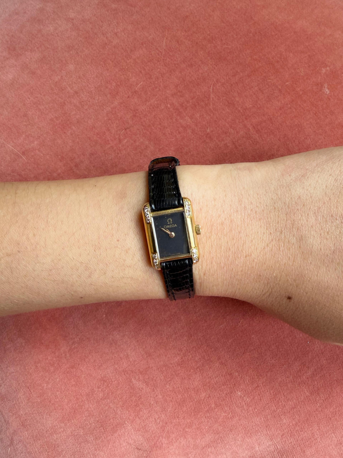 Omega De Ville Tank Mini Lady's Dress Watch 18k yellow gold case with diamond corners tank 18k