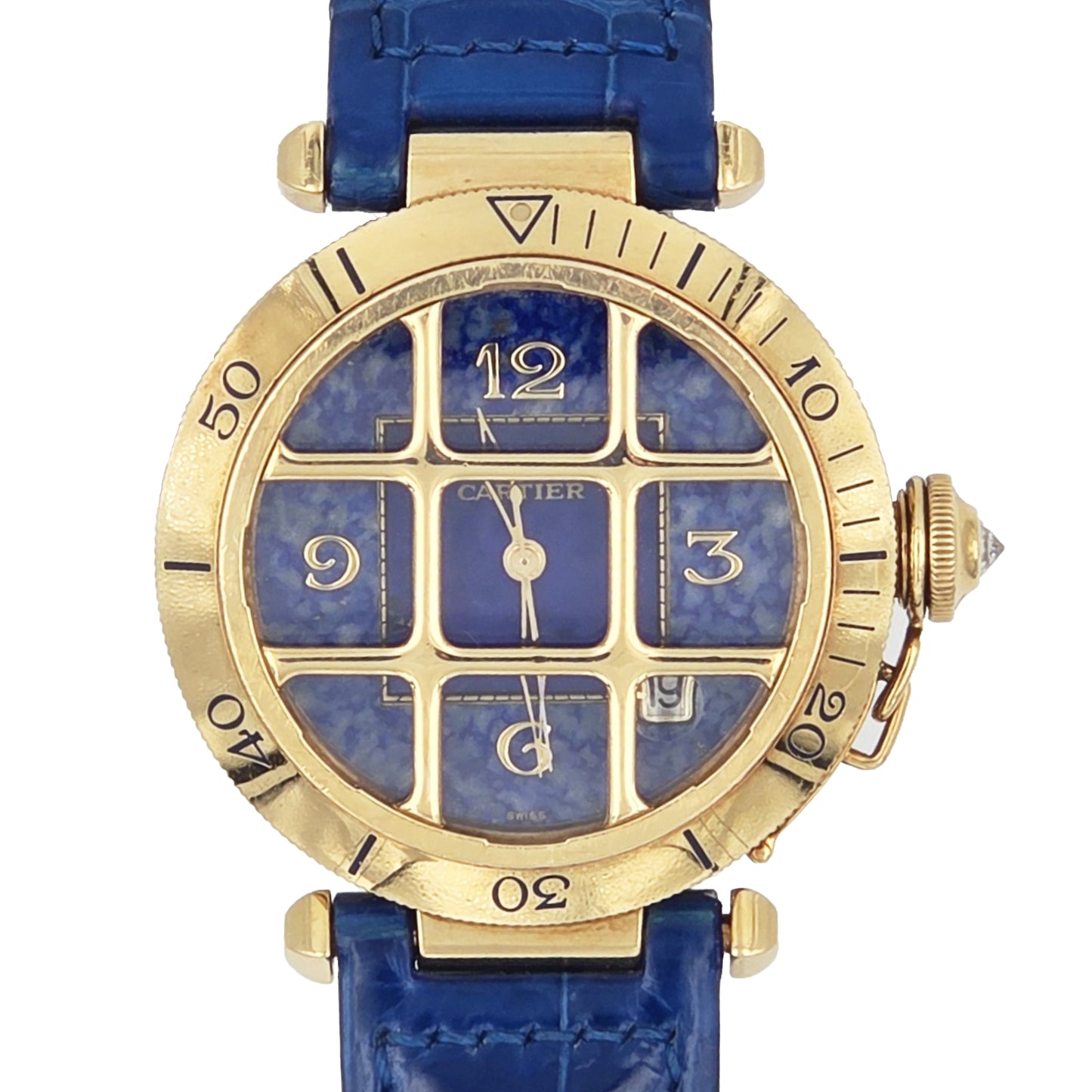 Cartier Pasha 38mm in 18k Yellow Gold with Lapis Lazuli Dial – Reference 1023