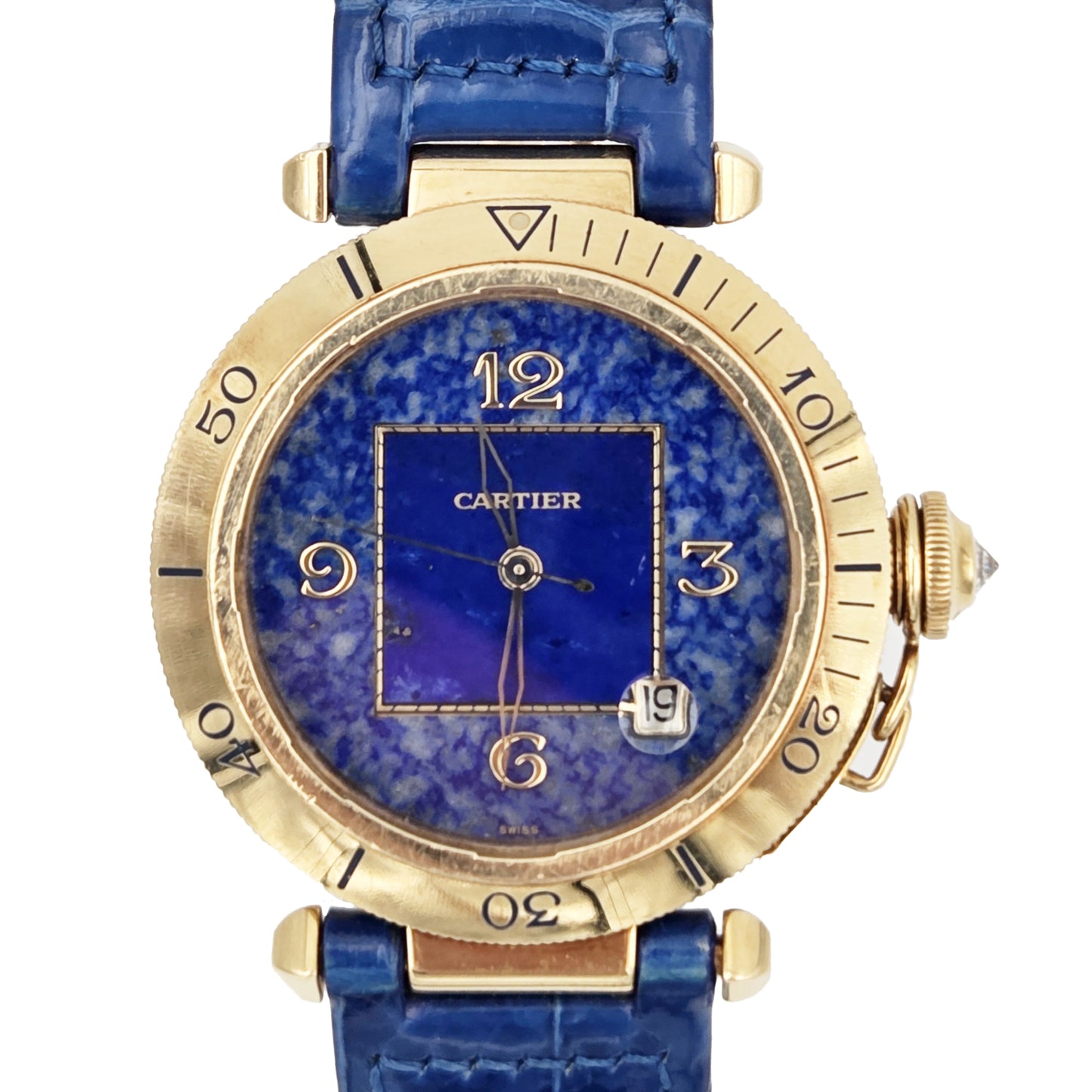 Cartier Pasha 38mm in 18k Yellow Gold with Lapis Lazuli Dial – Reference 1023