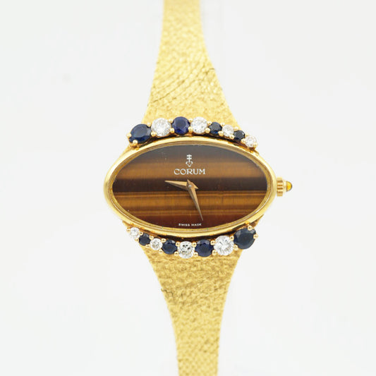 Corum Vintage 18k Yellow Gold Watch with Tiger’s Eye Dial, Diamonds &amp; Sapphires