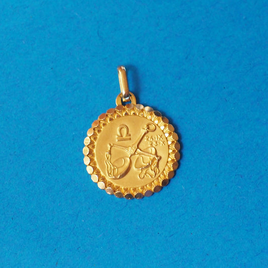 Vintage 18k gold Libra zodiac pendant by Charles Perroud Lyon circa 1965, diamond-cut scalloped border, eagle hallmark France, 20mm