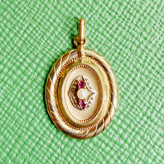 Antique French 18k tricolour gold hollow pendant with natural pearl and ruby, millegrain setting, twisted rope border, circa 1875, eagle hallmark