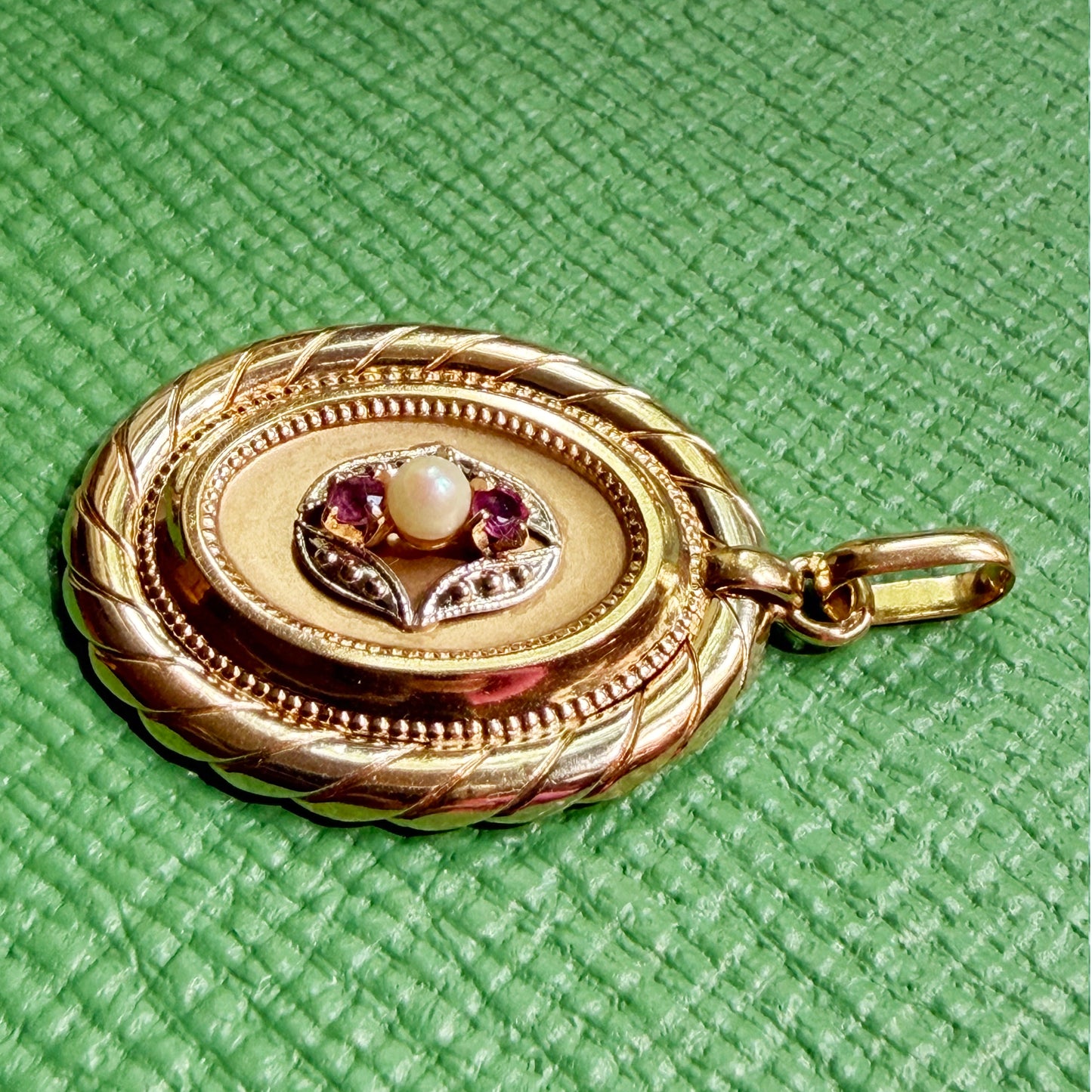 Antique French 18k Tricolour Gold Pendant with Pearl & Ruby, end 19th C. with Eagle Hallmark