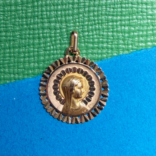 Vintage French 18k gold Virgin Mary baptism medal by Charles Perroud Lyon circa 1942, openwork sawtooth border, engraved Christine 11.9.42, eagle hallmark and Perroud maker's mark