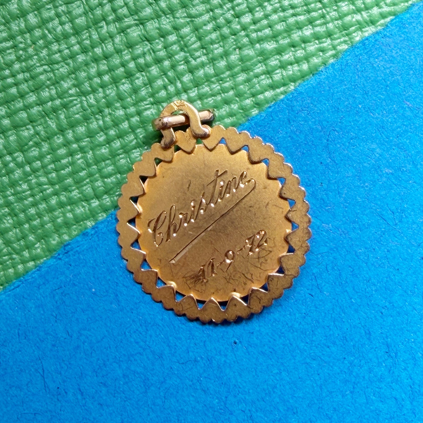 Vintage French 18k Gold Virgin Mary Baptism Medal by Charles Perroud, Lyon, Engraved Christine 11.9.42
