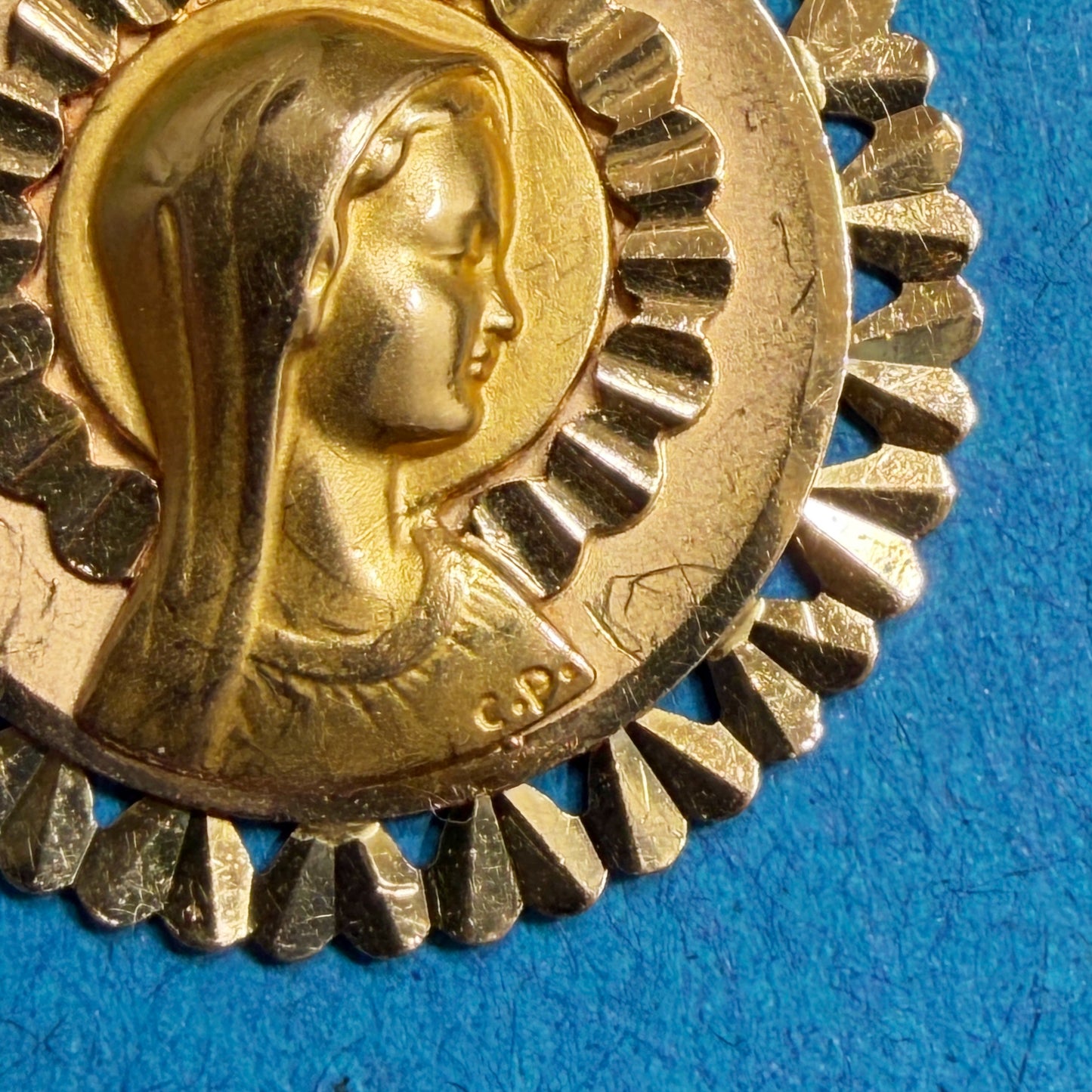Vintage French 18k Gold Virgin Mary Baptism Medal by Charles Perroud, Lyon, Engraved Christine 11.9.42