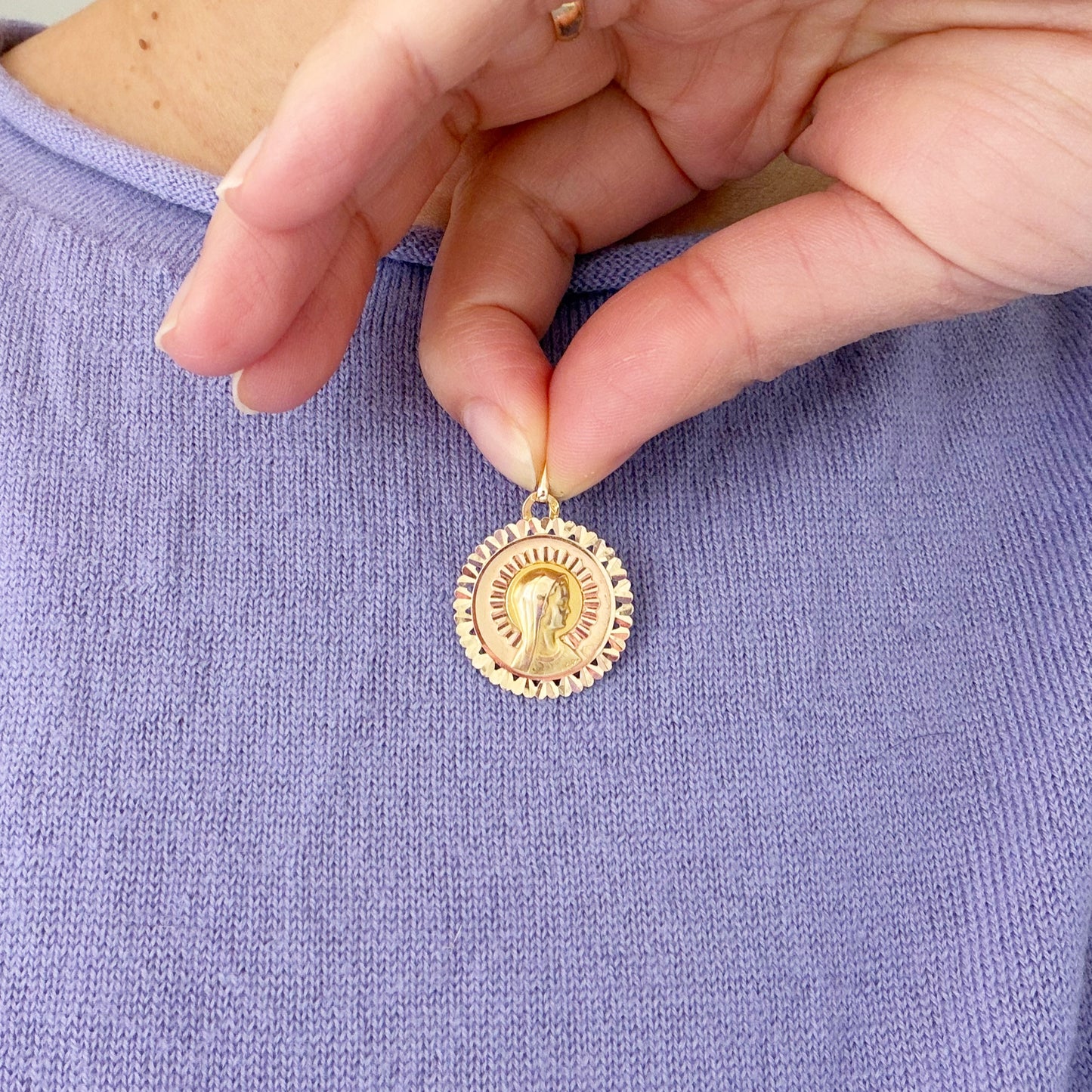 Vintage French 18k Gold Virgin Mary Baptism Medal by Charles Perroud, Lyon, Engraved Christine 11.9.42
